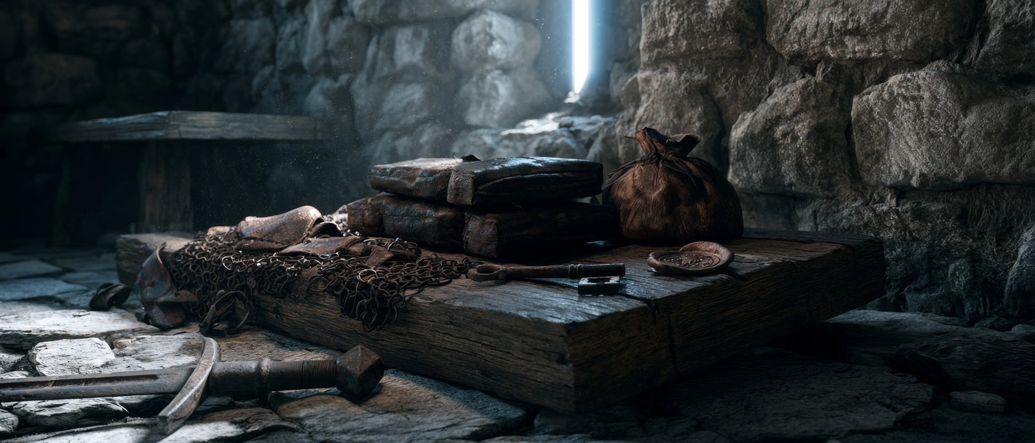 Dark and eerie scene with a stone wall, wooden table, and various objects including a book and skull.