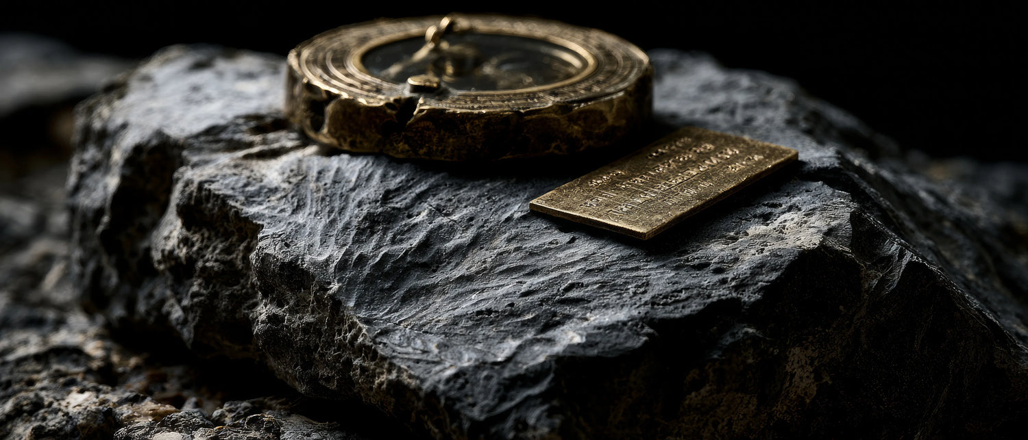 Bronze compass and square on a textured stone surface