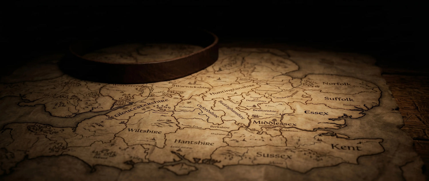 Map of England with a leather-bound book on top, in a dimly lit setting