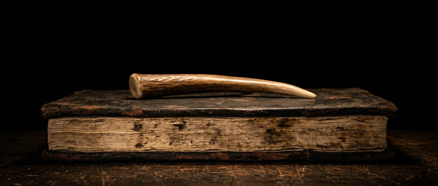Old book with a wooden stick on a dark background