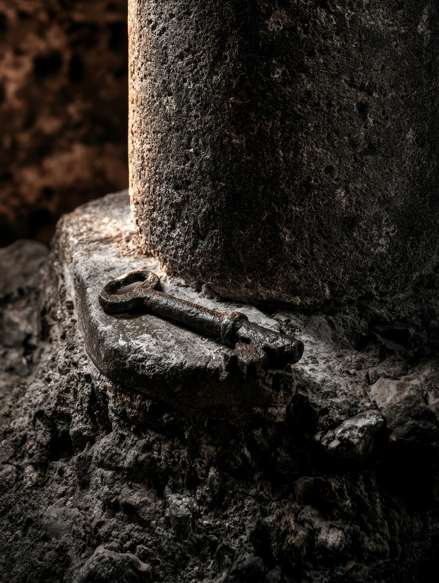 A moody, close-up photograph of a heavily rusted, antique iron skeleton key resting on the rugged, weathered base of an ancient stone pillar. Bathed in a single shaft of dramatic, directional light, the image evokes the deep, Old English heritage and the forgotten lore of the Seven Kingdoms that inspire the Caracoda Equestrian brand.