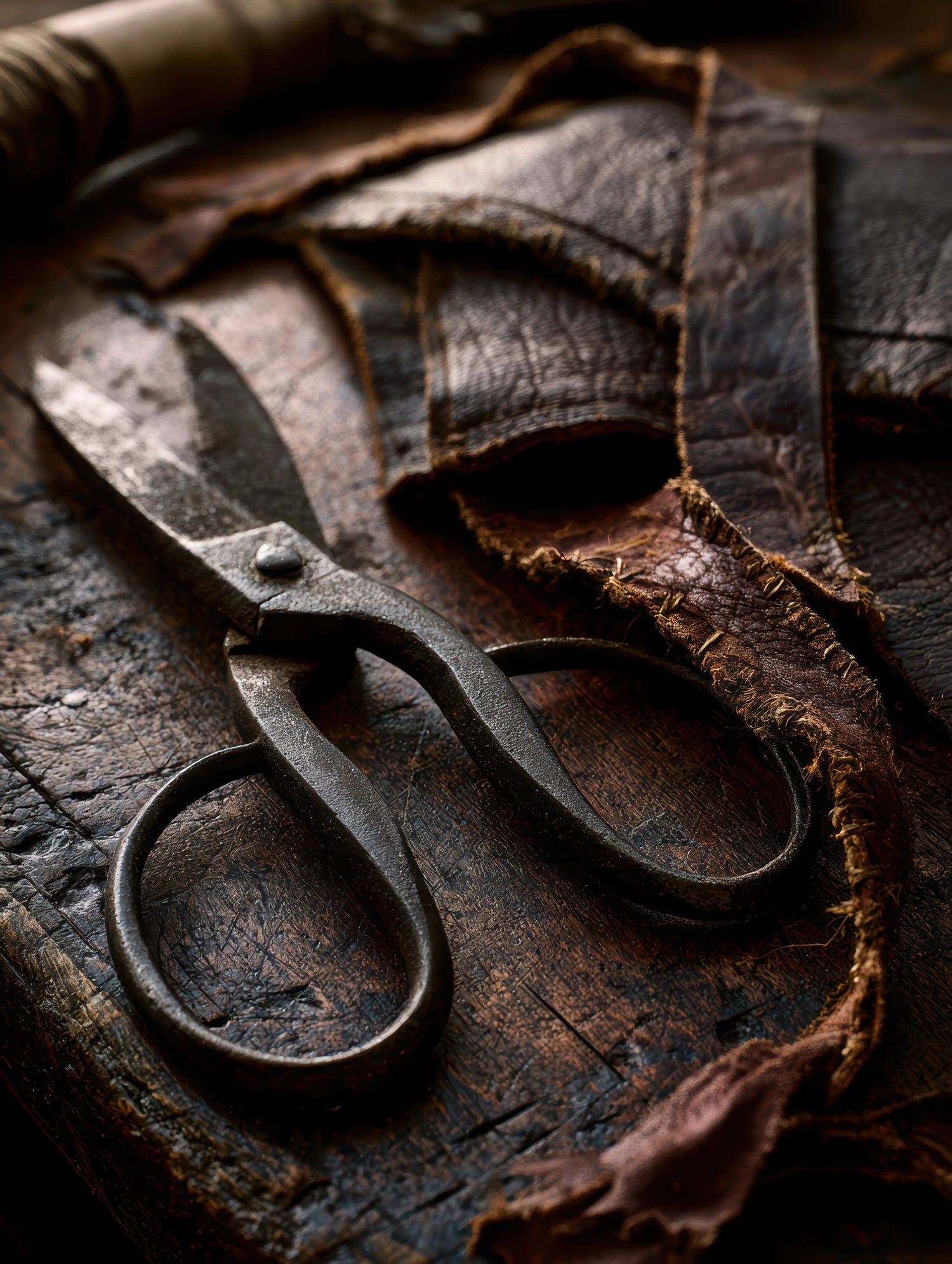 A close-up, atmospheric photograph of heavy, antique iron shears resting on a deeply scarred wooden workbench in the Canterbury workshop. The tool is surrounded by rugged, hand-cut strips of salvaged English saddle leather, capturing the physical labour of the disassembly phase