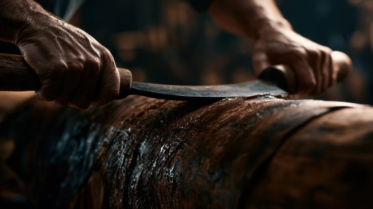 A dramatic, close-up photograph of an artisan's weathered hands using a traditional two-handled draw knife to work a wet, dark leather hide draped over a wooden beam. Glistening moisture on the deeply textured leather highlights the raw, physical labour and authentic, time-honoured craftsmanship of the heritage tanning process at Caracoda Equestrian.