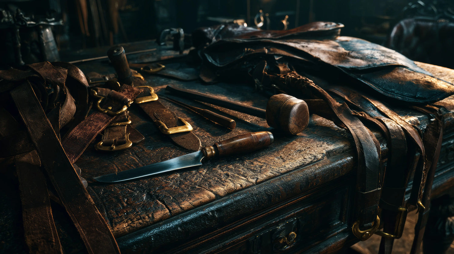 A dramatic, highly textured photograph of a heavily scarred, antique wooden workbench in the Caracoda Equestrian workshop. The bench is laden with the dismantled components of a vintage English saddle, featuring thick, weathered leather straps and heavy brass buckles. Scattered amongst the salvaged hides are traditional leather-working tools, including a sharp cutting knife and a wooden mallet. The scene is bathed in atmospheric, directional light, perfectly capturing the raw, physical labour of the disasse