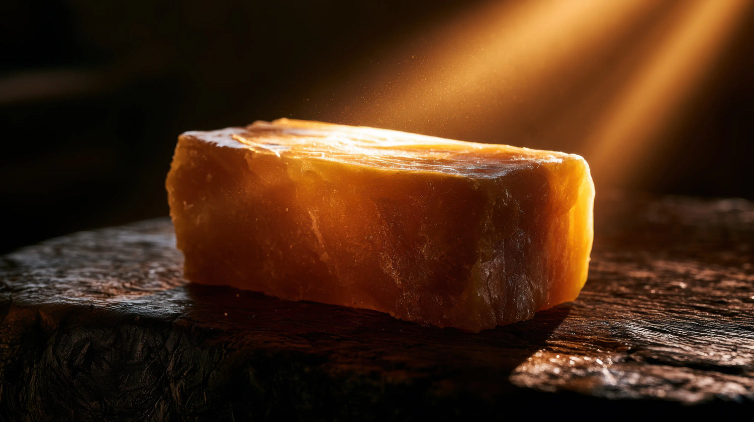 A dramatic, close-up photograph of a solid block of raw, natural beeswax resting on a heavily scarred, dark timber workbench in the Caracoda Equestrian workshop. A strong, warm sunbeam pierces the moody workshop atmosphere, illuminating the translucent golden edges of the wax and catching dust motes in the air. This essential, natural ingredient forms the foundation of our traditional English heritage leather restoration process.