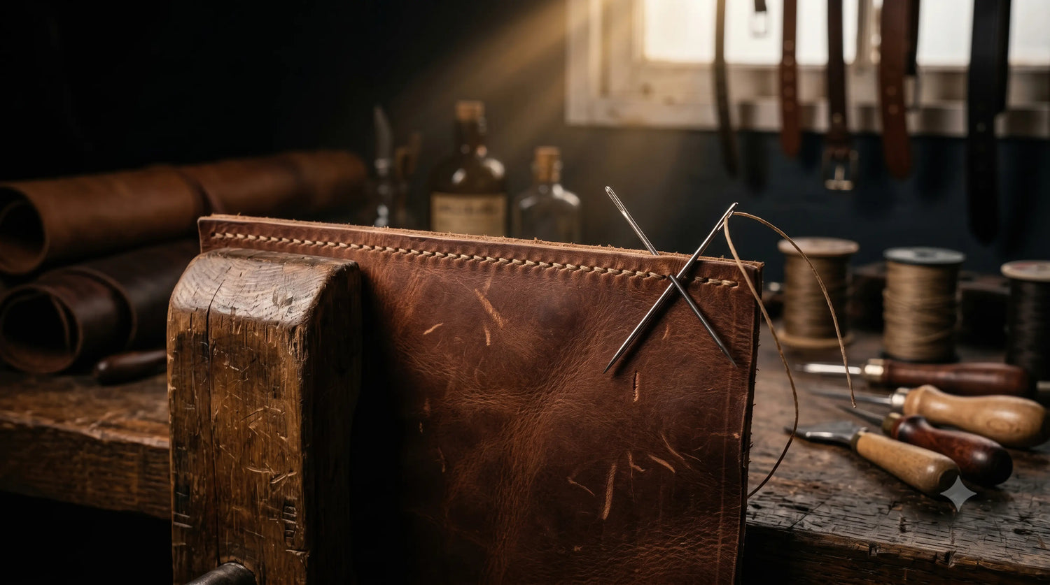 A warm, atmospheric photograph inside the Caracoda Equestrian workshop in Blean. A thick piece of reclaimed, heavily scarred saddle leather is clamped securely in a rustic wooden stitching pony. Two harness needles, threaded with durable waxed cord, rest mid-stitch along a precisely hand-punched seam. The workbench is scattered with traditional artisan tools and spools of heavy thread, bathed in a soft ray of natural sunlight, capturing the rigorous, hand-sewn labour of the reconstruction phase.