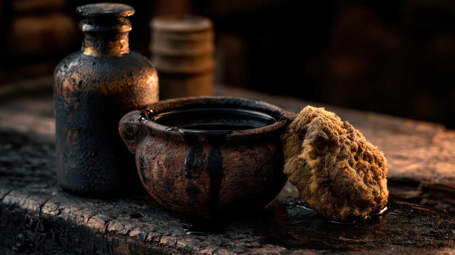 A moody, close-up photograph of traditional leatherworking supplies resting on a deeply scarred, dark timber workbench at the Caracoda Equestrian workshop. A rustic, textured earthen pot is filled with a rich, dark leather dye that drips down its side onto the wood. Beside it sits a raw, natural sea sponge and a heavily weathered, dark apothecary bottle. The atmospheric, warm lighting highlights the tactile materials and the authentic alchemy of our heritage leather restoration process.