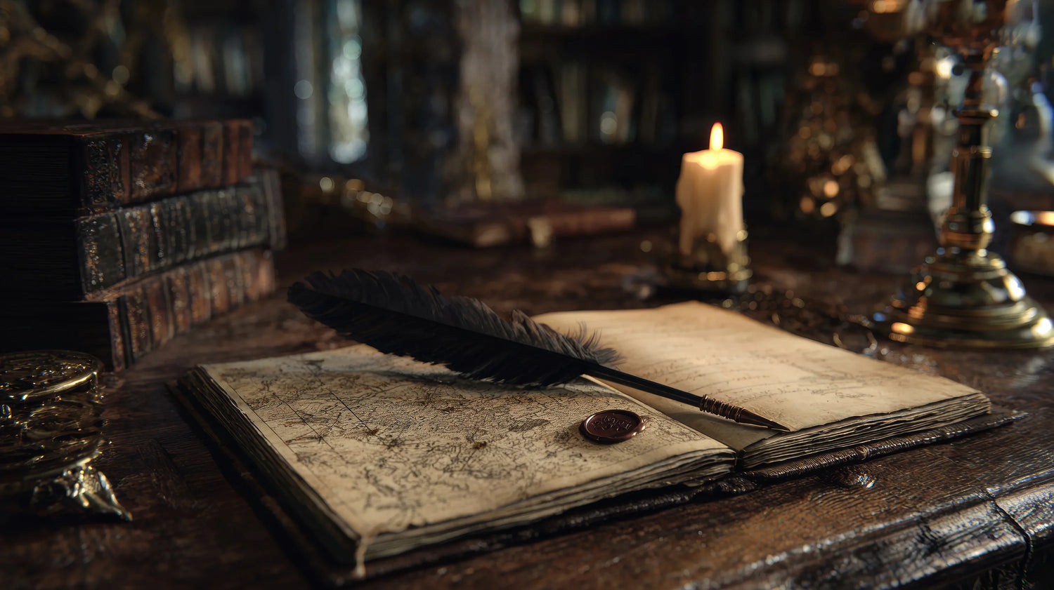 Vintage desk with open book, quill, and candle in a dimly lit room