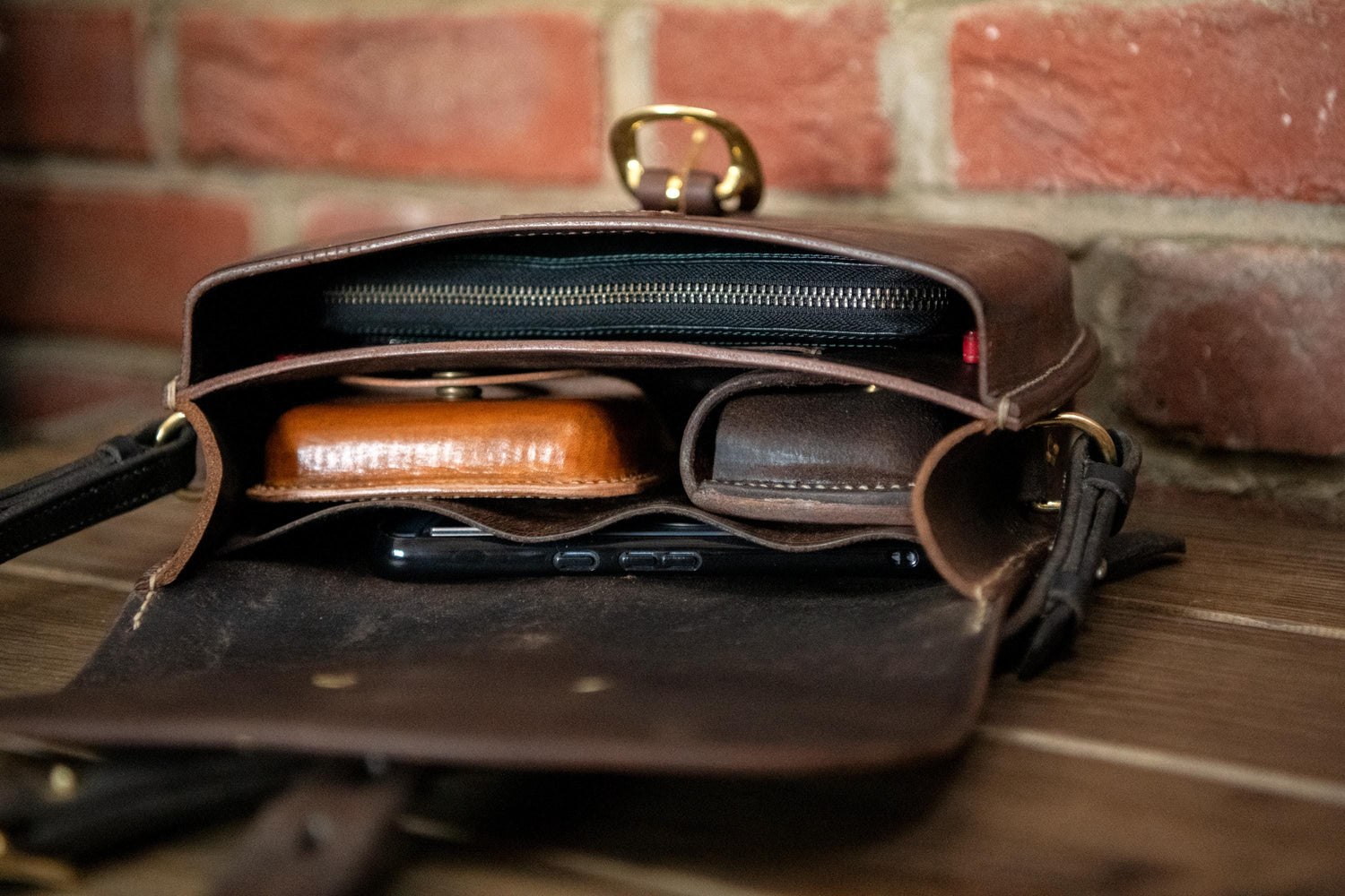Repurposed Saddle Leather Crossbody Bag Wet moulded front