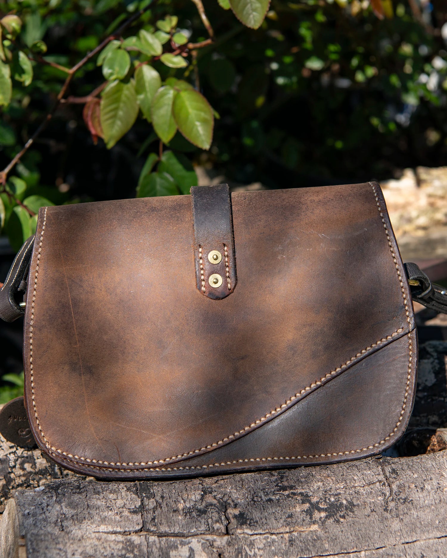 Repurposed Saddle Leather Crossbody Bag Wet moulded front