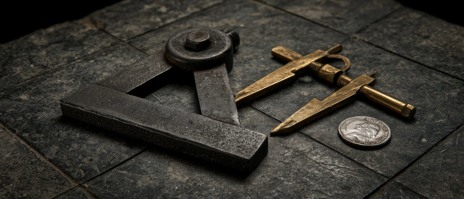Vintage tools including a large metal square, a small sword, and a coin on a dark stone surface.