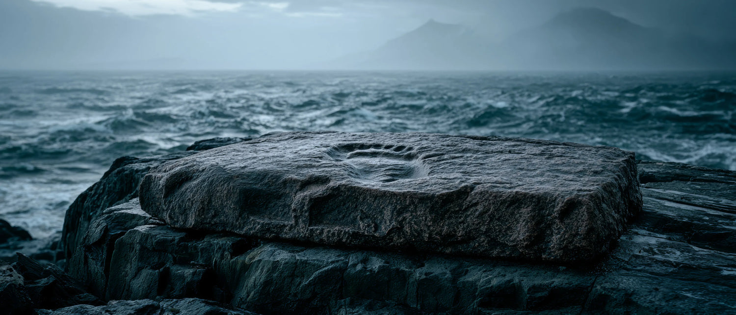 Rocks in a stormy sea with dark clouds and mountains in the background