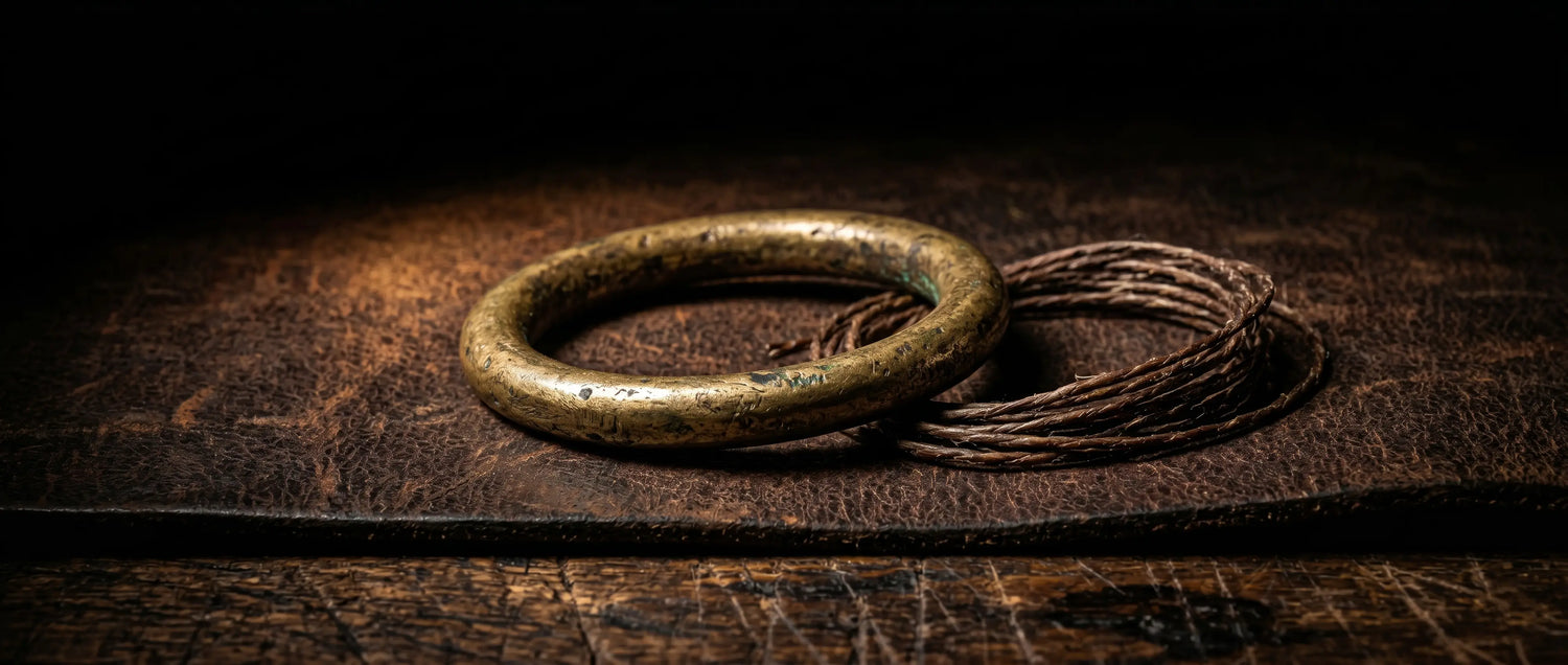 Bronze ring with tassel on a dark wooden surface