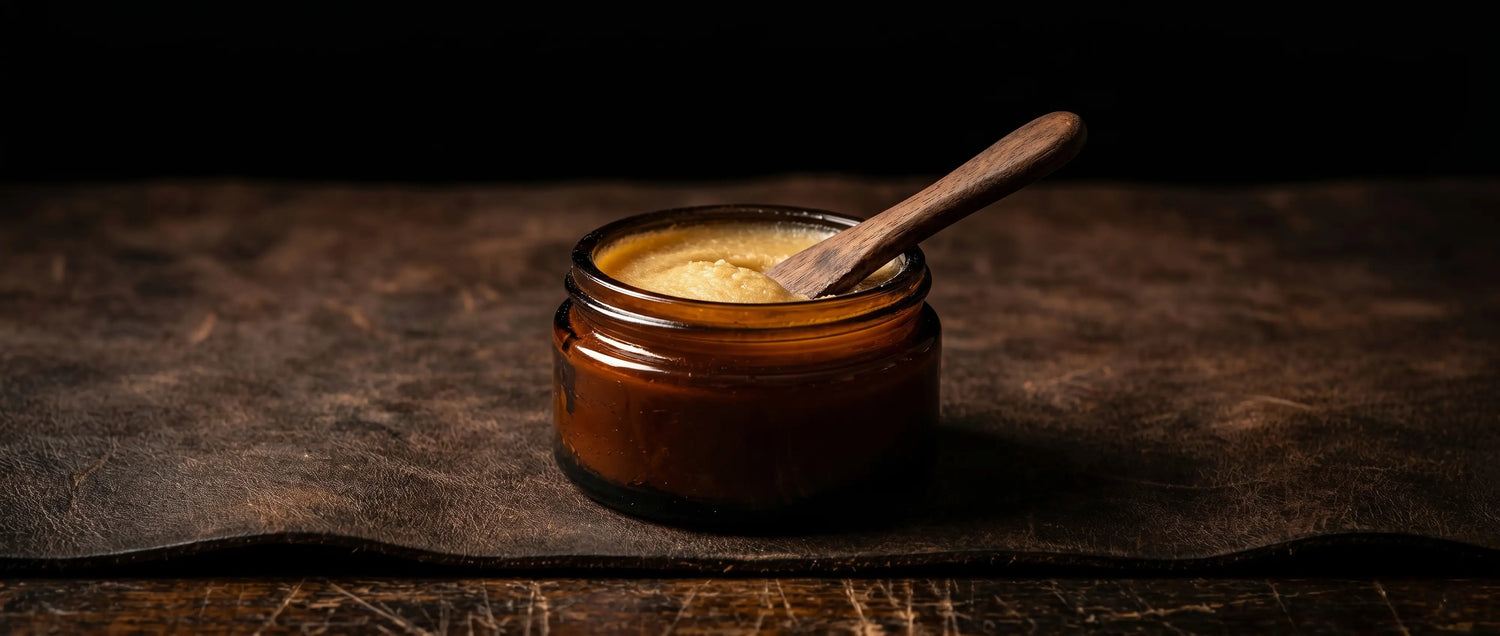 Jar of honey with a wooden spoon on a dark surface
