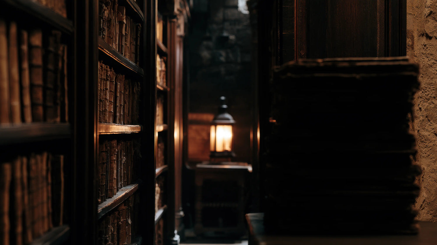A moody, atmospheric photograph looking down a narrow aisle of an ancient, dimly lit archive. Tall, dark timber bookshelves are tightly packed with hundreds of antique, weathered leather-bound volumes and historical ledgers. In the blurred foreground, a stack of heavy tomes rests in shadow, while in the distance, a solitary lantern casts a warm, golden glow against a textured stone wall. This evocative scene captures the deep history, hidden lore, and enduring English heritage that inspires Caracoda Equestr