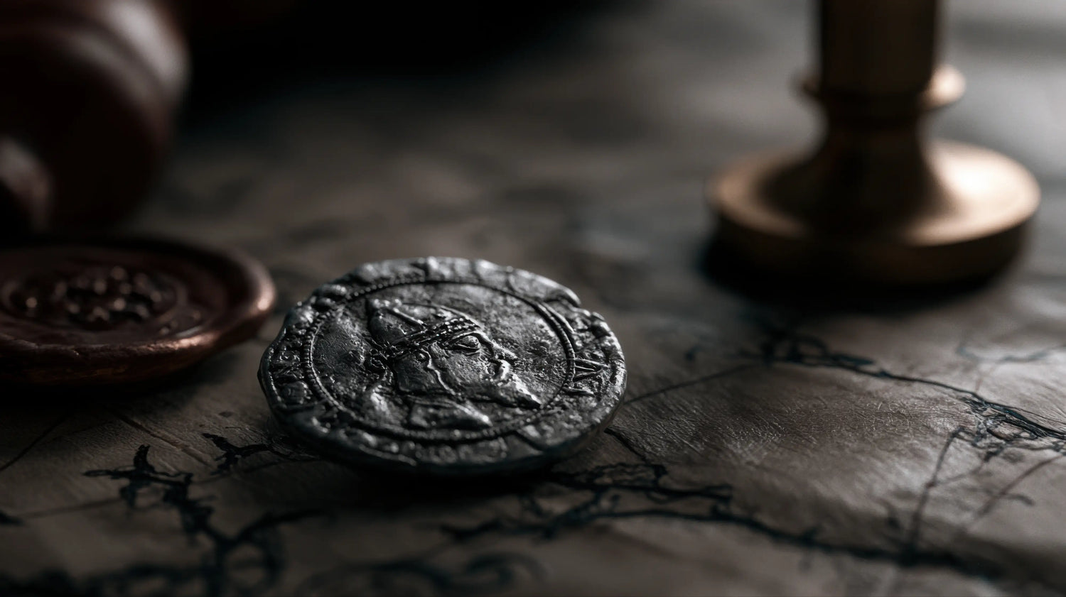 A dramatic, close-up macro photograph capturing an ancient, hammered silver coin featuring a weathered profile portrait. The historic artefact rests upon a deeply creased, antique parchment map. In the softly blurred background, a traditional brass seal stamp and a pressed wax seal hint at centuries-old correspondence. The moody, atmospheric lighting perfectly evokes the hidden lore, storytelling, and enduring English heritage that inspires Caracoda Equestrian.