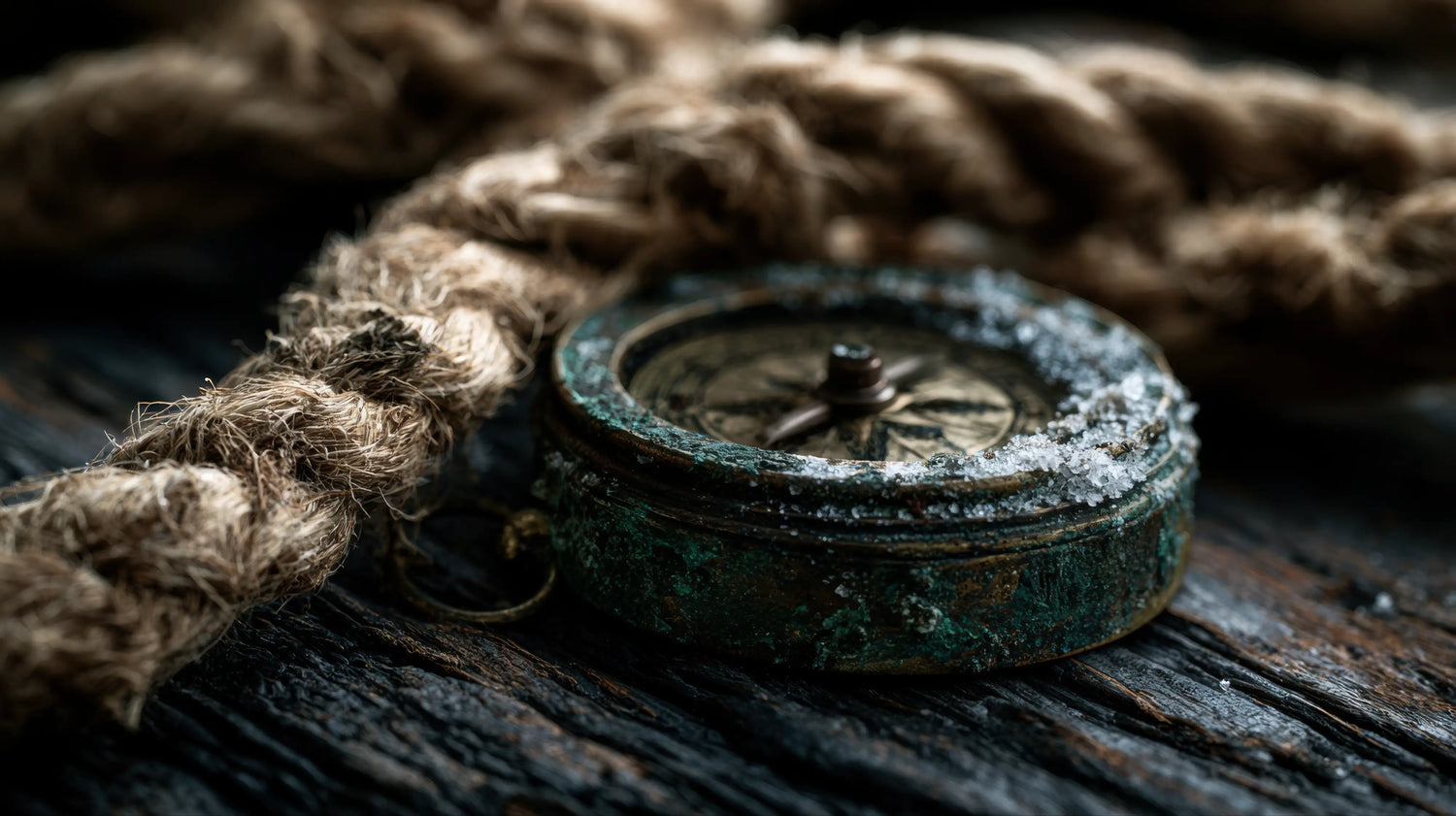 A dramatic, close-up photograph capturing an antique brass compass heavily encrusted with a rich, green verdigris patina and a crisp dusting of frost. The weathered instrument rests on deeply scarred, dark timber alongside a thick, coarse-woven hemp rope. Moody, atmospheric lighting highlights the rugged, tactile textures, perfectly evoking the enduring spirit of exploration and the resilient outdoor heritage of Caracoda Equestrian.