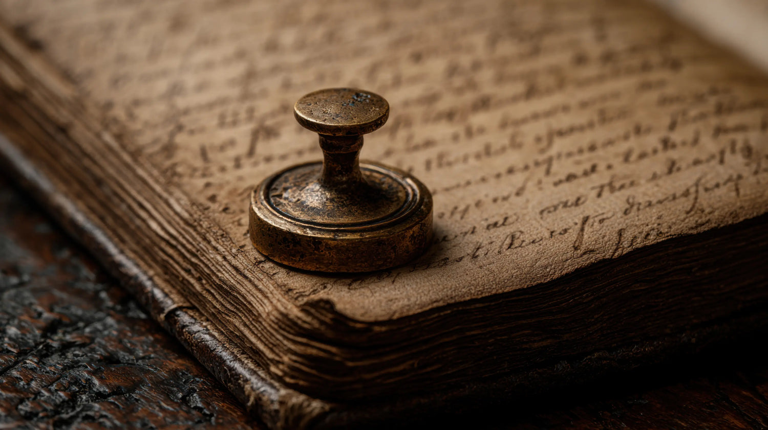 A moody, close-up photograph capturing an antique, solid brass seal stamp resting on the open pages of a weathered, centuries-old ledger filled with faded handwritten script. The frayed, textured pages lie upon a deeply scarred, dark timber workbench at the Caracoda Equestrian workshop. Warm, directional lighting emphasises the rich patina of the brass and the enduring history of our traditional English heritage craftsmanship.