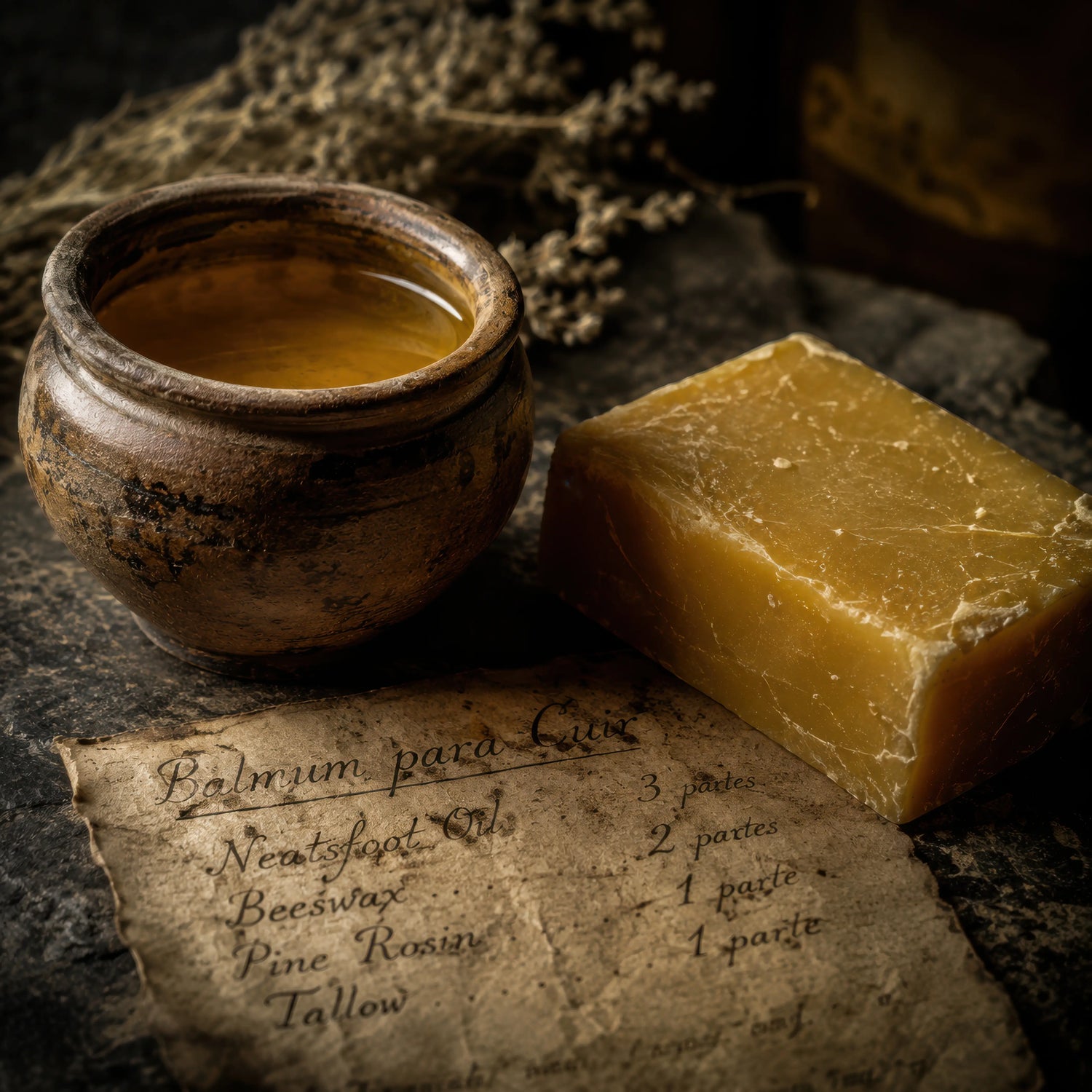 A moody, atmospheric photograph showcasing the natural ingredients used in traditional leather restoration at Caracoda Equestrian. A rustic, hand-thrown clay pot filled with golden neatsfoot oil sits beside a thick block of unrefined, natural beeswax. In the foreground, an aged, frayed parchment displays a handwritten apothecary recipe for leather balm. Dried herbs fade into the softly lit, dark background, capturing the authentic alchemy and heritage care of the workshop.