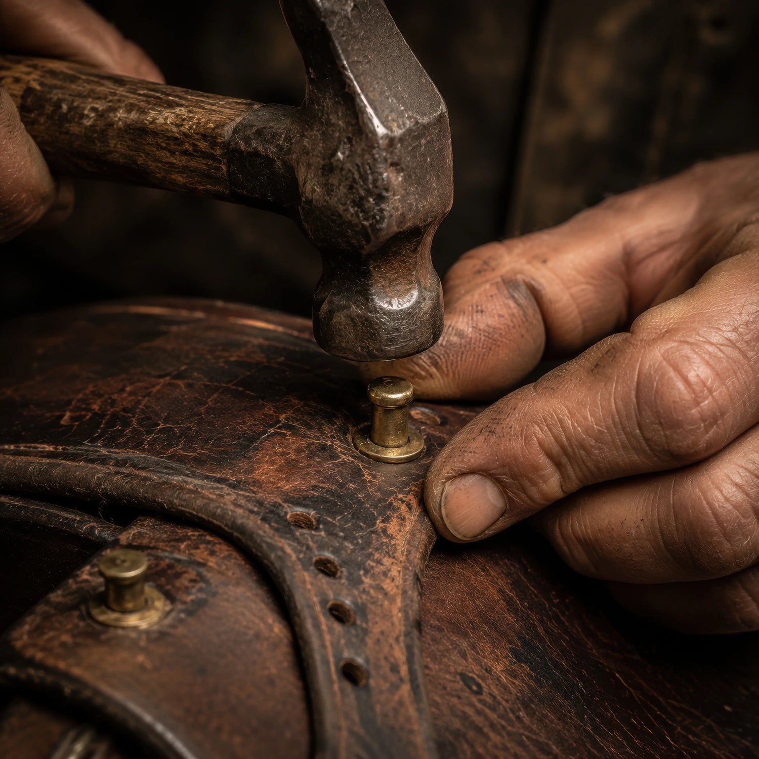 A dramatic, close-up photograph of an artisan's weathered, work-stained hands setting solid brass hardware into a piece of thick, deeply cracked vintage saddle leather. The craftsman uses a traditional wooden-handled hammer to secure a brass stud into meticulously hand-punched holes. The image captures the raw physical labour and unyielding structural integrity forged during the reconstruction phase at the Caracoda Equestrian workshop.