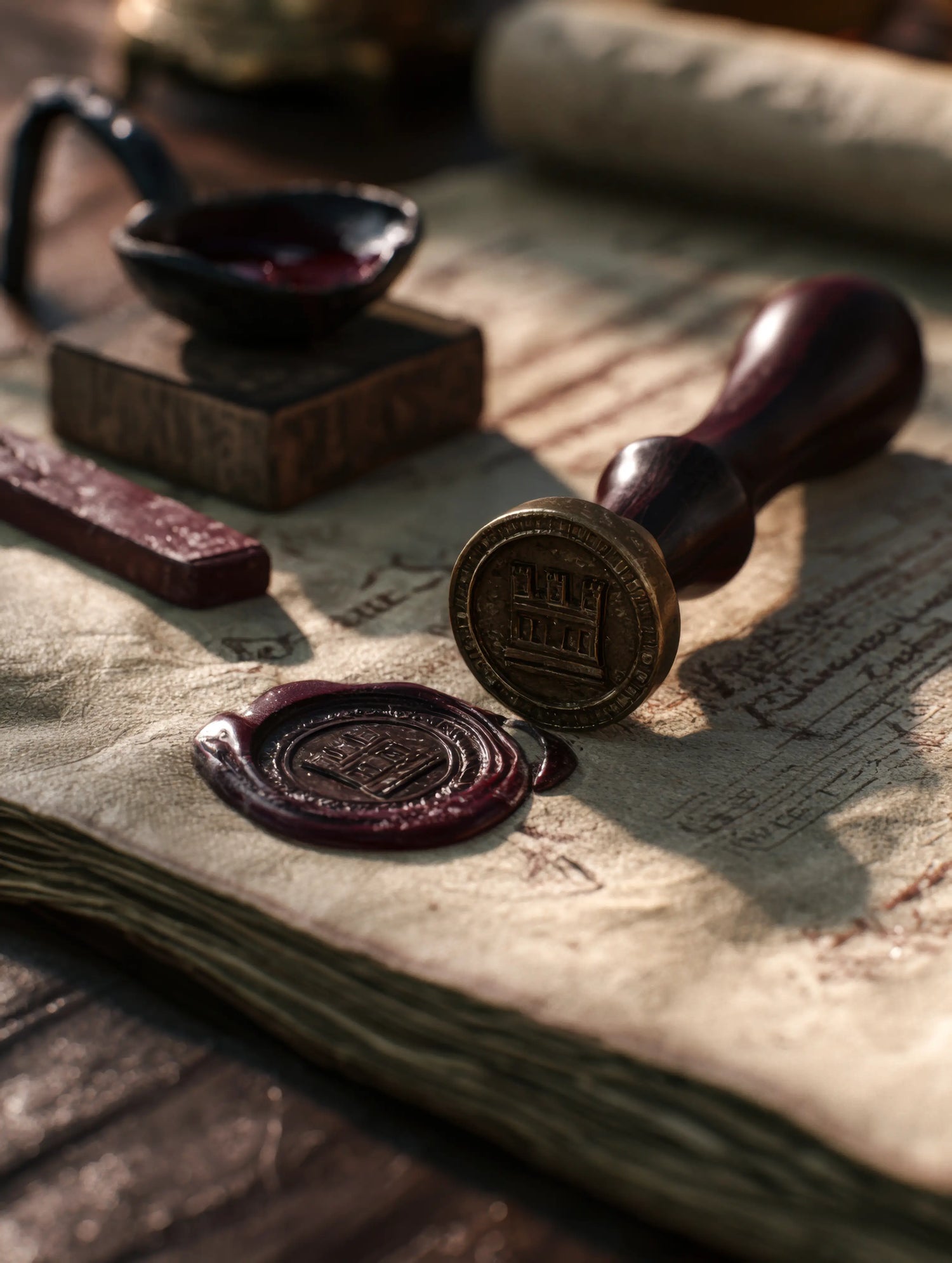 A warm, atmospheric photograph of a traditional brass wax seal stamp with a turned wooden handle, resting beside a freshly pressed, deep red wax seal. The seal marks a thick, weathered parchment manuscript covered in faint, historic script. In the sunlit background, a stick of sealing wax and a small melting spoon rest on a rustic wooden block, perfectly capturing the authoritative Old English heritage and the recording of The Cartulary for Caracoda Equestrian.
