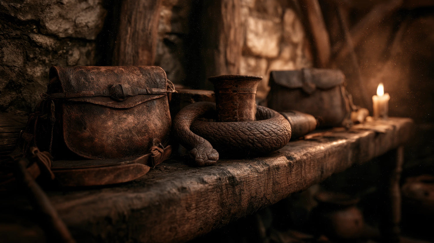 A moody, atmospheric photograph set inside the Caracoda Equestrian workshop. On a deeply scarred, dark timber workbench sits a heavily weathered heritage leather scrip alongside an intricately textured, coiled leather serpent resting against a small rustic vessel. In the blurred background, a flickering candle casts a warm, golden glow against a rugged stone wall, catching dust motes suspended in the air. This evocative scene perfectly captures the hidden lore, traditional English heritage, and rugged story