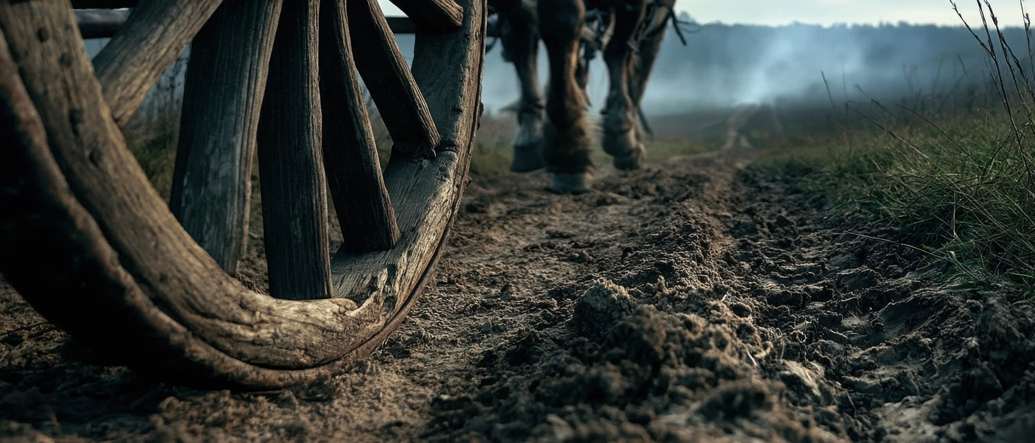 A cinematic, ground-level photograph focusing on a heavily weathered, antique wooden wagon wheel resting on a deeply churned, muddy track. In the atmospheric, blurred background, the powerful legs and feathered hooves of heavy draught horses pull the wagon towards a misty, overcast horizon. This gritty, evocative scene perfectly captures the enduring strength, rural history, and rugged English heritage that inspires Caracoda Equestrian's traditional craftsmanship.