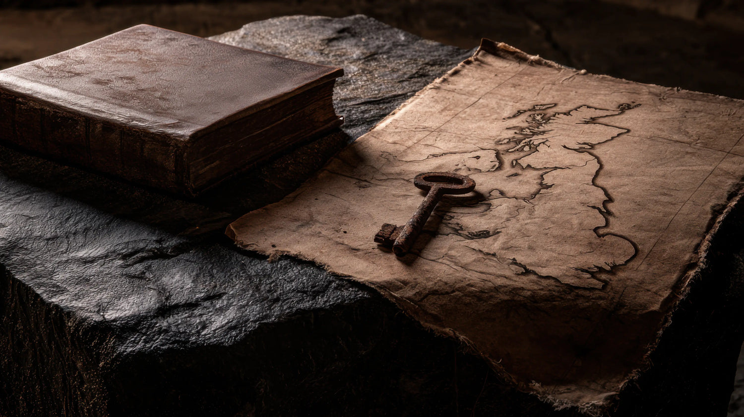 A moody, atmospheric photograph of a thick, antique leather-bound tome resting on a heavy, rough-hewn stone block. Beside the book lies a weathered, frayed parchment map of Great Britain, weighed down by a heavily rusted iron skeleton key. The dramatic, directional lighting highlights the deep textures of the stone and aged leather, perfectly evoking the Old English heritage and the ancient lore of The Cartulary for Caracoda Equestrian.