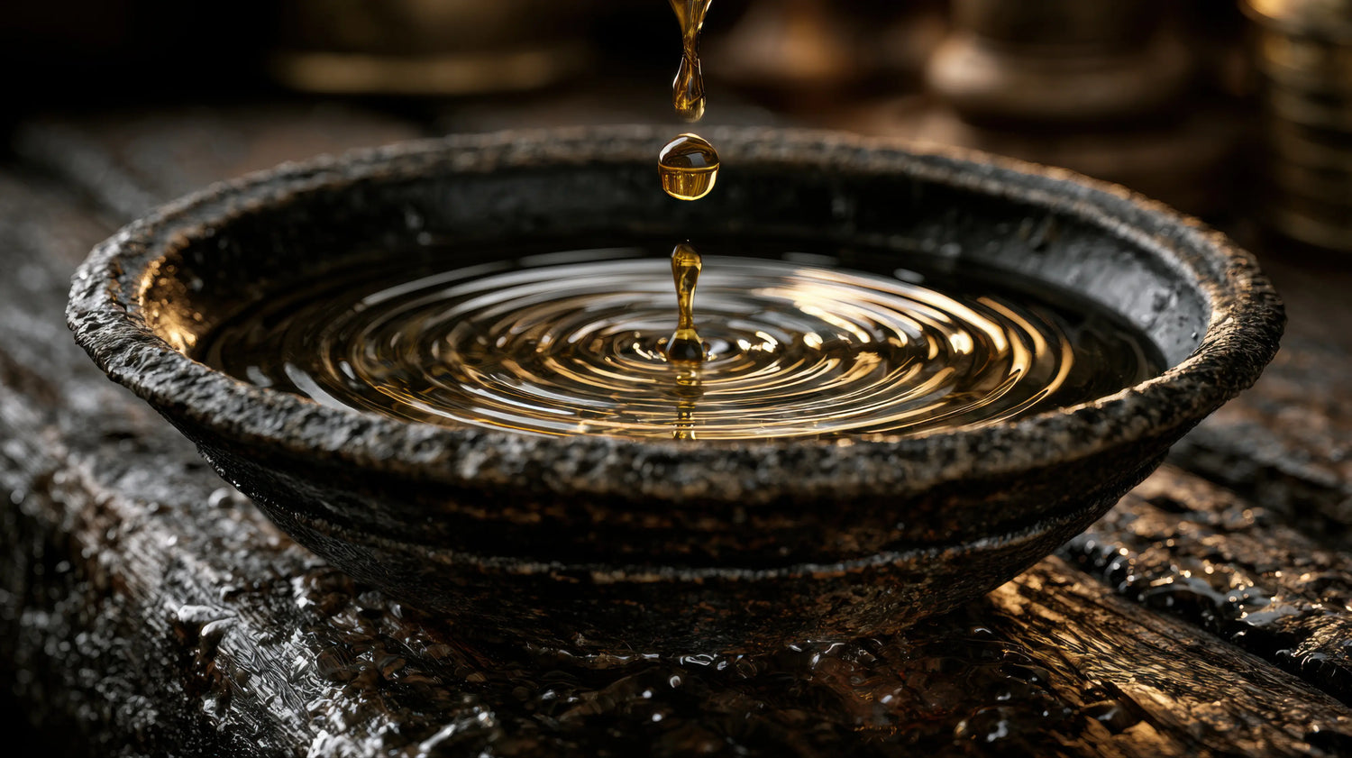 A striking, close-up macro photograph capturing a single droplet of rich, golden leather conditioning oil suspended just before striking the surface of a rustic, heavily textured stone bowl. The impact creates perfectly formed, glowing ripples in the amber liquid. The bowl rests on a deeply scarred, dark timber workbench in the Caracoda Equestrian workshop. Warm, atmospheric lighting highlights the pure, natural ingredients essential to our heritage leather restoration alchemy.