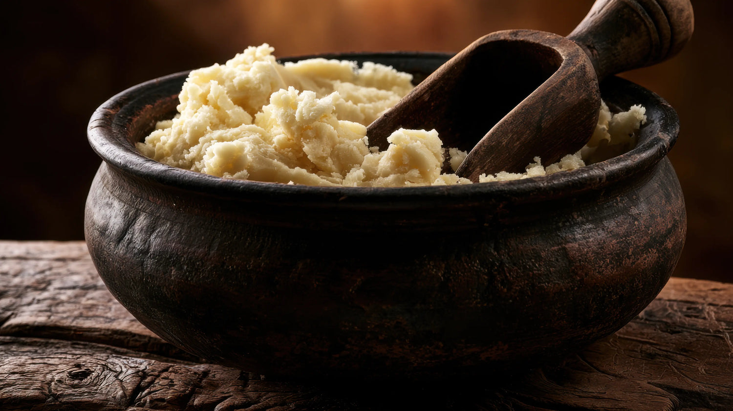 A moody, close-up photograph of raw, natural leather conditioning butter piled high inside a rustic, textured earthen pot. A traditional carved wooden scoop rests in the pale, creamy mixture. The bowl sits on a deeply scarred, dark timber workbench in the Caracoda Equestrian workshop. Warm, atmospheric lighting highlights the rich textures of the natural ingredients, capturing the authentic alchemy of our heritage leather restoration process.