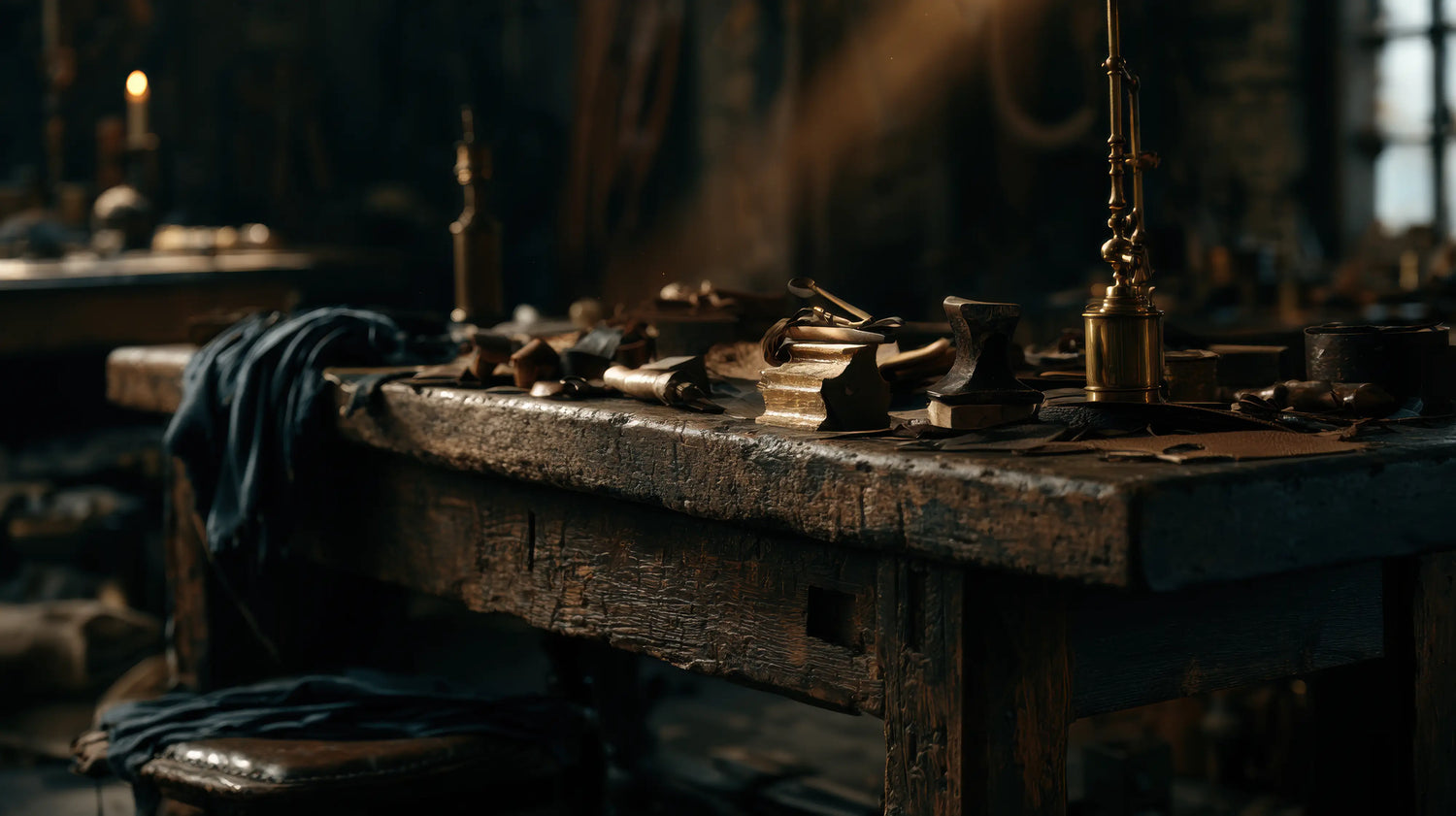 A close-up, atmospheric photograph of a heavily weathered, hand-carved timber workbench in the dimly lit Caracoda Equestrian workshop in Canterbury. Draped over the side is a rugged, dark leather apron. The bench is laden with specialised leather restoration artefacts: scattered offcuts of vintage saddlery hides, antique brass tools, a small anvil, and a solitary, burning candle in the blurred background. Natural light filters in from the right, highlighting the profound texture of the old wood and the quie