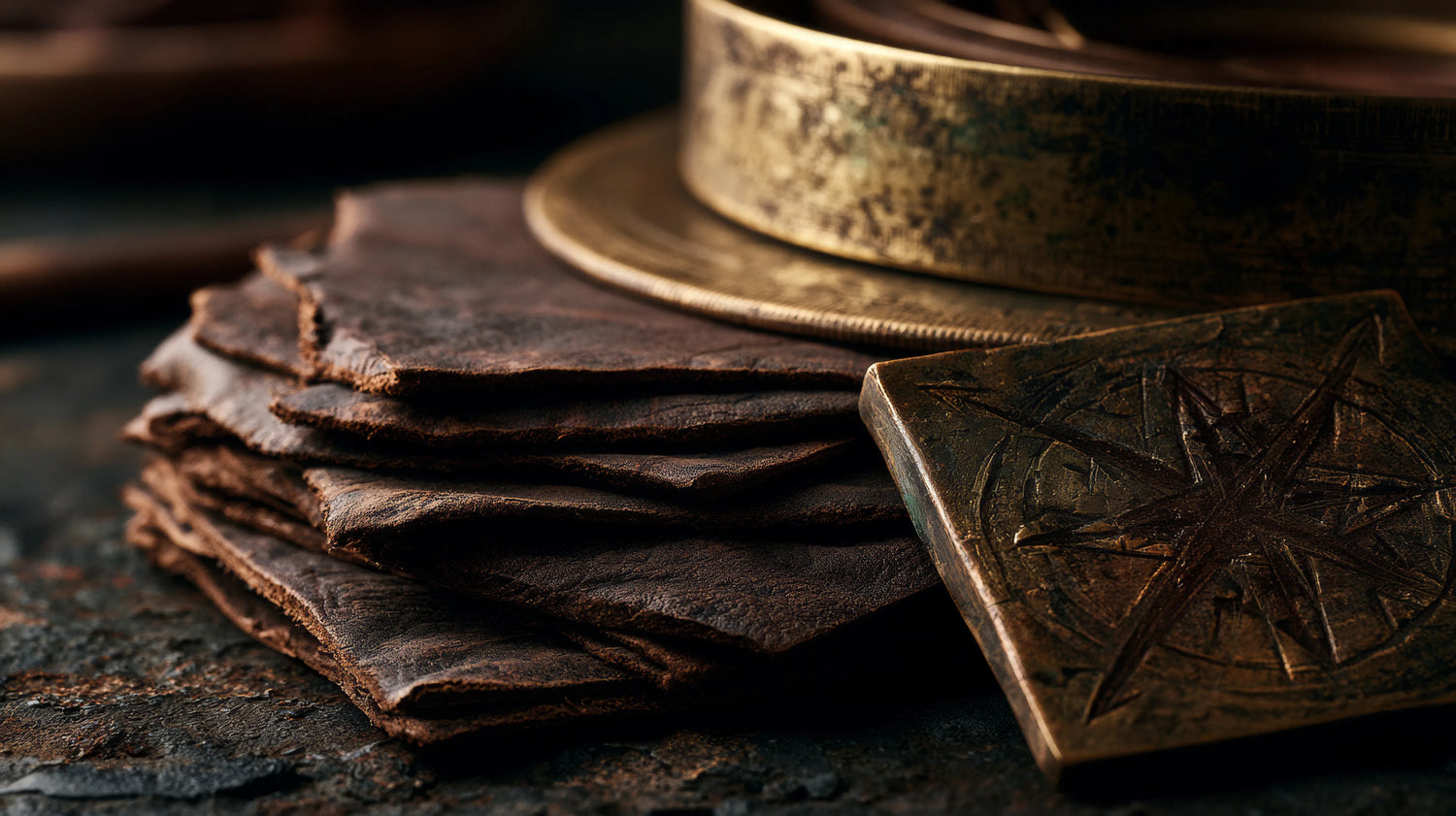 A detailed, moody close-up of a stack of thick, hand-restored dark leather offcuts from a vintage English saddle, positioned beside an antique, weathered brass plate featuring an engraved compass star, resting on a rustic iron surface in a Canterbury workshop