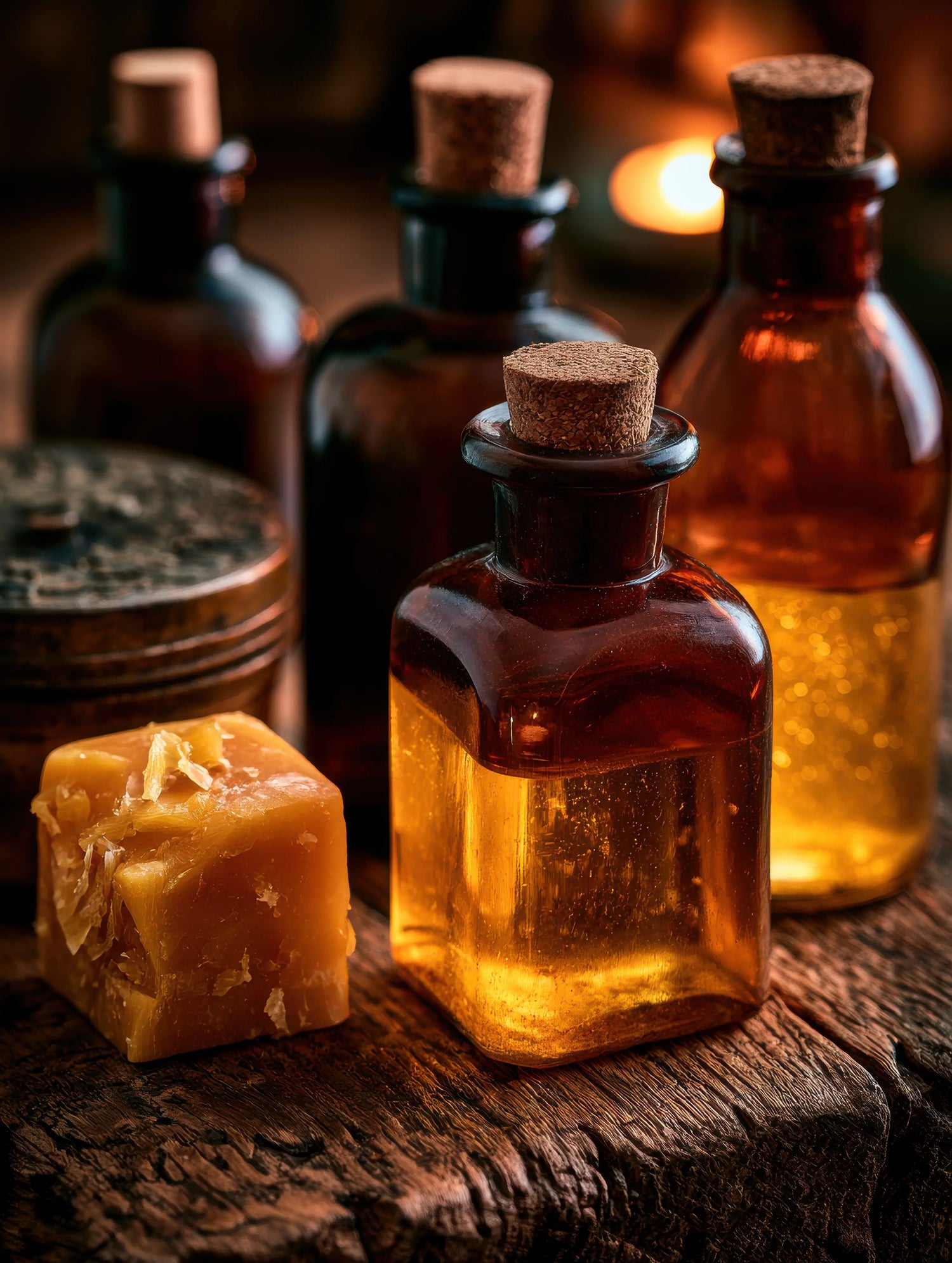 A close-up, beautifully warm and atmospheric photograph of traditional amber glass apothecary bottles with cork stoppers, containing oils of a rich golden colour. Beside them rests a solid, rustic block of natural yellow beeswax on a deeply grained timber workbench. In the soft-focussed background, a warm candlelight flickers within the Canterbury workshop, illustrating the meticulous preparation of the Stable Heritage Adjustment recipe used to restore vintage saddle leather.