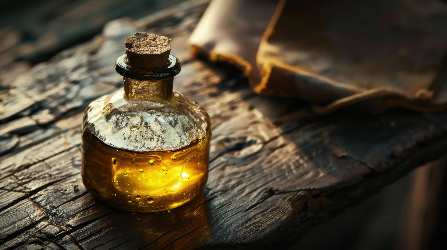 A close-up, atmospheric photograph of a vintage, cork-stoppered glass bottle filled with glowing golden leather conditioning oil. The apothecary-style bottle rests on a deeply scarred, dark timber workbench at the Caracoda Equestrian workshop. In the softly blurred background, a piece of raw heritage leather awaits treatment. Warm, directional sunlight illuminates the rich amber liquid, capturing the traditional alchemy and natural ingredients essential to our heritage restoration process.