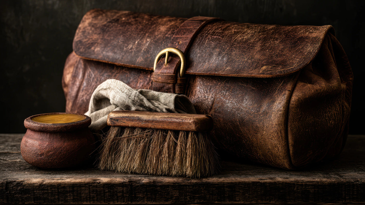 A dark, atmospheric photograph of a completed Caracoda Equestrian scrip, expertly crafted from heavily patinated, restored vintage saddle leather and secured with a traditional curved brass buckle. The heirloom bag rests on a deeply grained timber workbench alongside essential leather care provisions: a rustic clay pot filled with golden conditioning balm, a folded natural linen cloth, and a classic wooden-handled bristle brush. The moody, directional lighting highlights the profound textures of the leather