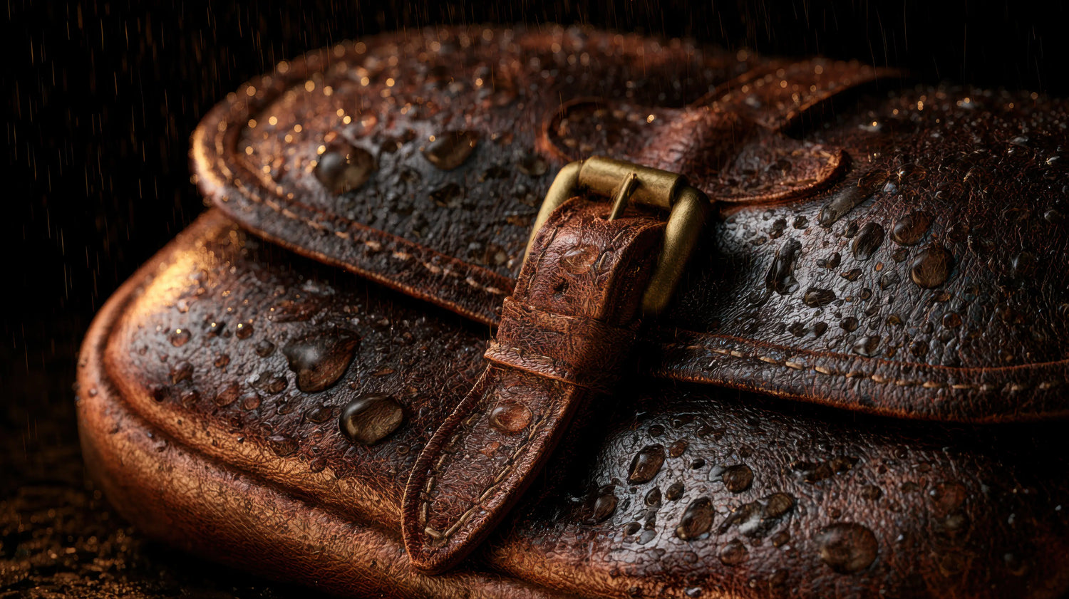 A dramatic, extreme close-up photograph of a Caracoda Equestrian heirloom scrip braving heavy rain. Crystalline water droplets bead perfectly on the surface of the rich, deeply patinated vintage saddle leather, demonstrating the superior weather-resistant conditioning of the hide. Fastened with a heavy solid brass buckle, the bag is illuminated by warm, atmospheric lighting that highlights the enduring resilience and waterproof qualities of our traditional English heritage craftsmanship.