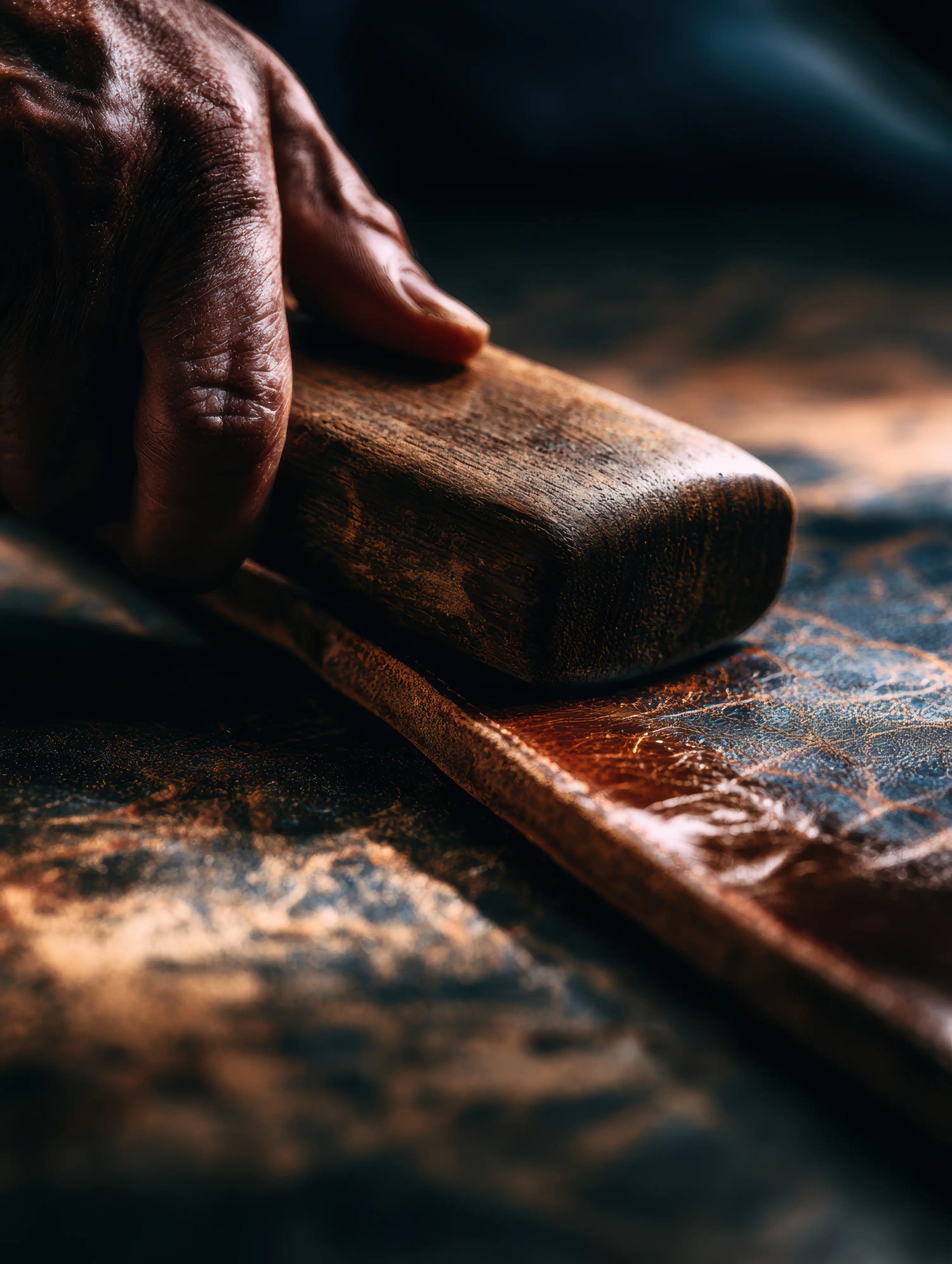 A dramatic, close-up photograph of an artisan's weathered hand using a smooth wooden block to work the edge of a piece of rich, deeply textured vintage saddle leather. The restored hide reveals a complex, cracked patina under moody, directional lighting in the Caracoda Equestrian workshop, capturing the meticulous physical labour and tactile nature of the heritage reconstruction process.