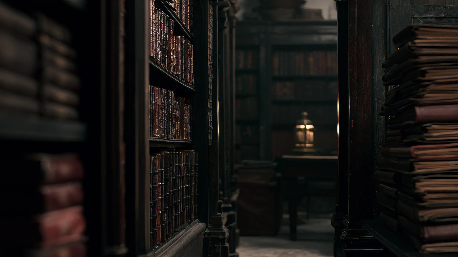 Dimly lit library with bookshelves and a table in the background